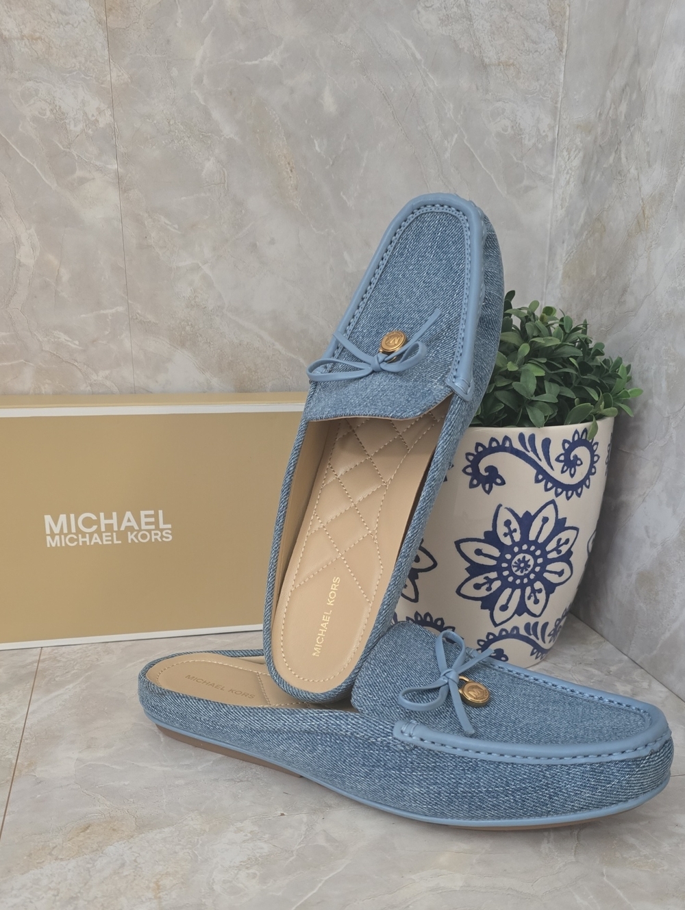 MICHAEL Michael Kors Greta Washed Denim Moccasin Mules Sz 8 NIB